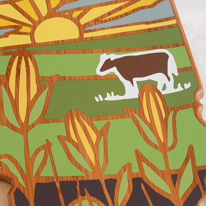 Totally Bamboo Illinois State Shaped Cutting Board and Charcuterie Serving Platter with Artwork by Summer Stokes, Includes Hang Tie for Wall Display