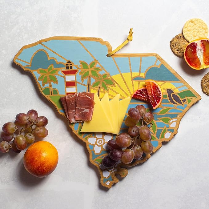 Totally Bamboo South Carolina State Shaped Cutting Board and Charcuterie Serving Platter with Artwork by Summer Stokes, Includes Hang Tie for Wall Display 14" x 11-1/2" x 5/8"