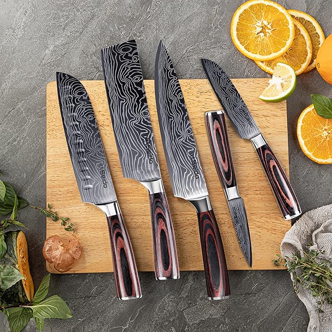 Seido Knives 5-Piece Damascus Master Chef Knife Set - Includes Gyuto, Santoku, Nakiri, Paring Knives - High-Carbon Stainless Steel Kitchen Knives