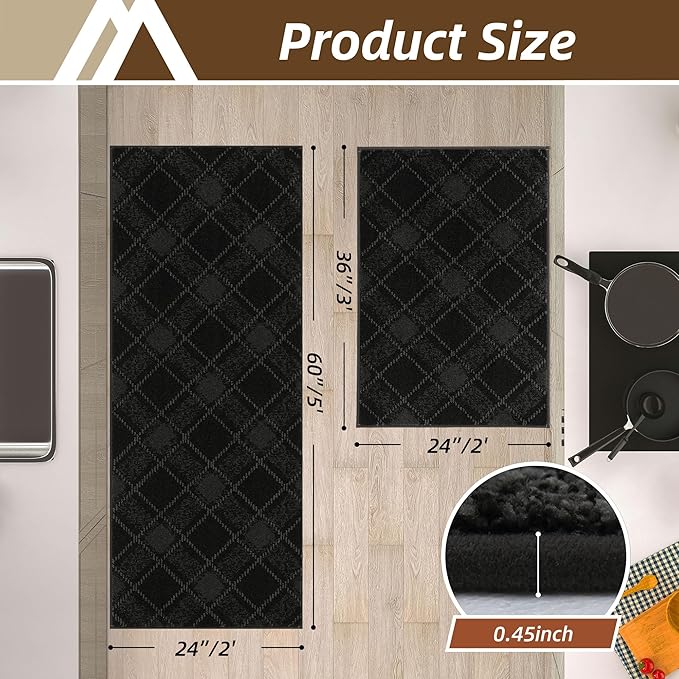 COSY HOMEER Kitchen Rugs and Mats Sets 2PCS Non-Slip Soft Kitchen Mats for Floor Absorbent and Stain Resistant Kitchen Floor Mat Washable Plaid Rugs for Kitchen,24"x36"+24"x60",Black