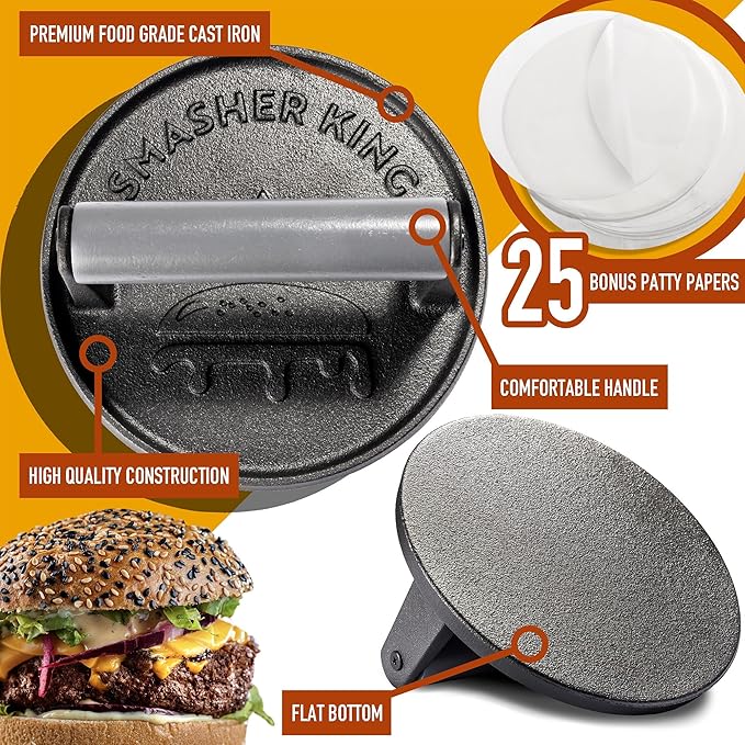 SMASHER KING™ - Smash Burger Press - Cast Iron Burger Smasher And Hamburger Patty Maker - Smash Burger Kit With 25 Sheets Of Paper - Grill Press And Steak Weight For Heavy Meat Smasher Cooking Results
