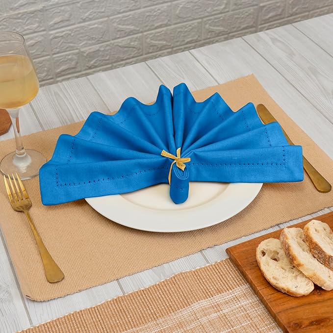 Blue Needles Set of 12 Hemstitch Linen Napkins 100% Cotton Royal Blue Cloth Dinner Napkins 18x18 inches, Soft, Reusable, Absorbent, Washable, Ideal for Wedding Events, Parties & Everyday Use