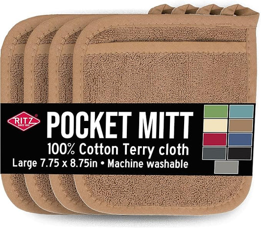 RITZ Terry Pocket Mitt & Hot Pad: Unparalleled Heat Resistant, Durable 100% Cotton – Ergonomically Designed for Optimal Grip – Easy-Care Machine Washable – 4-Pack, Mocha Brown