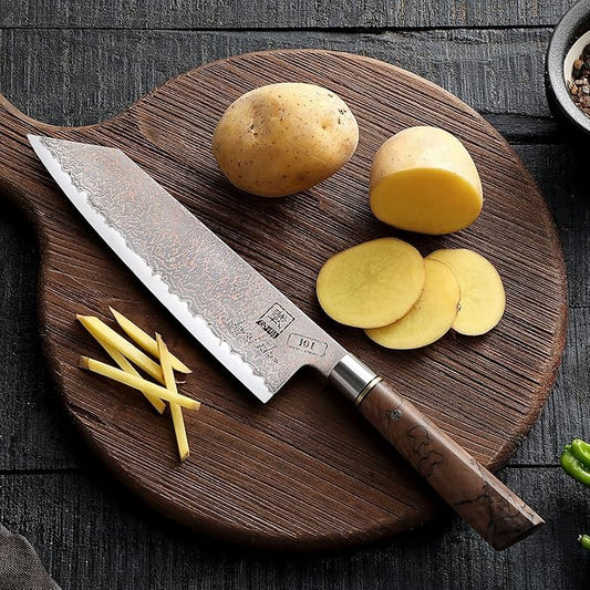 zayiko Limited Edition Copper Damascus Chef’s Knife – 8.3" Kiritsuke Blade | Damascus Steel with VG10 Core & Copper Texture | Maple Wood Handle | Professional Kitchen Knife in Gift Box