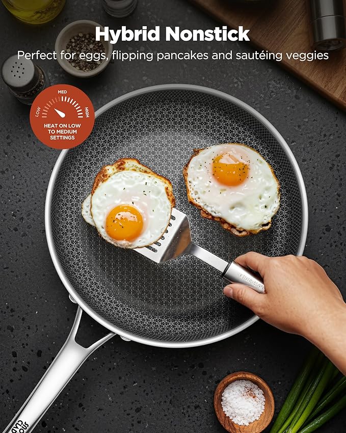 Yonida Non Stick Frying Pans, 12-inch with Lid, Hybrid Frying Pans Nonstick Upgrade,non stick Skillets Stainless Steel, Dishwasher & Oven-Safe, Induction Compatible Cooking Pan, PFOA Free Cookware