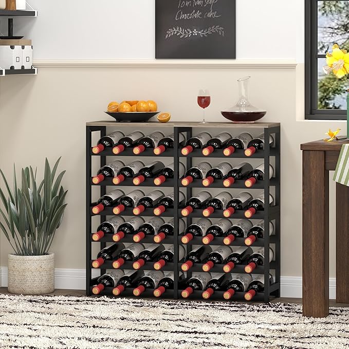 6 Tier Bamboo Wine Rack Freestanding Floor, 48 Bottles Wine Storage Shelves with Table Top, Stackable Wine Display Rack for Kitchen, Bar, Dining Room (Ivory White and Black, 48 Bottles)