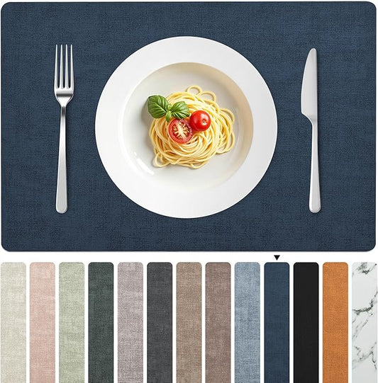 FROMHEART Faux Leather Placemats Set of 12–Waterproof,Heat/Oil Stain-Resistant PU Table Mat–Reversible,Non-Slip,Easy to Clean Place Mats for Kitchen,Dining,Indoor/Outdoor,(Dark Blue,11.8" x 17")