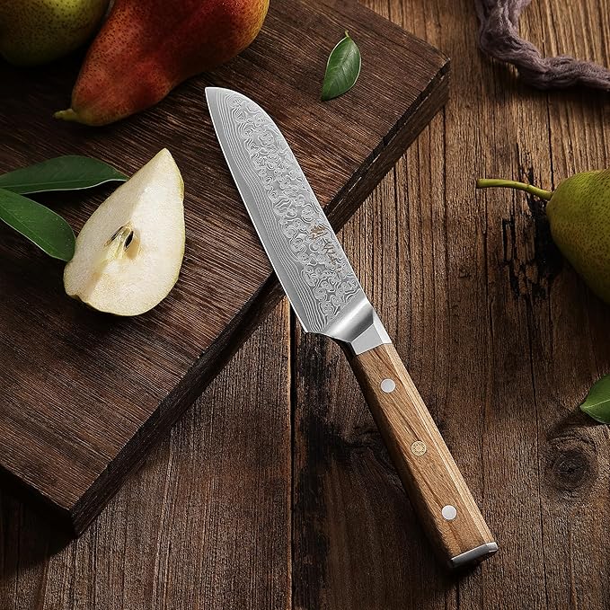 Wakoli Oribu Small Santoku Knife – Full Tang Kitchen Knife | 5-Inch Blade Made of 67-Layer Damascus Steel with AUS-10 Core | Ergonomic Olive Wood Handle | Sharp & Durable