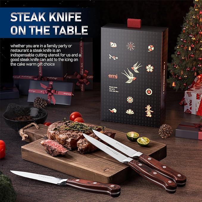 Emojoy Steak Knives, Steak Knife Set of 8, Highly Resistant and Durable German Stainless Steel Serrated Steak Knives with Gift Box