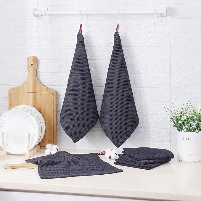 Kitinjoy 100% Cotton Kitchen Dish Cloths, 12 Pack Waffle Weave Ultra Soft Absorbent Dish Towels for Drying Dishes Quick Drying Kitchen Towels Dish Rags, 12 X 12Inch, Dark Grey