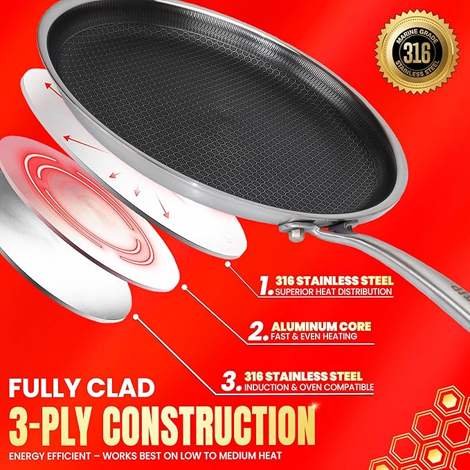 Bezaib 12-Inch Hybrid Nonstick Frying Pan, 316 Stainless Steel, Tri-Ply Skillet, Stay-Cool Handle, PFAS/PFOA Free, Induction Compatible, Oven & Dishwasher Safe
