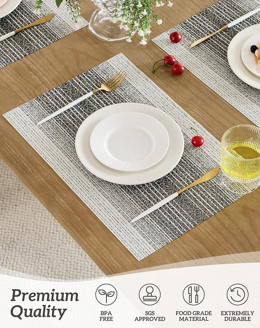 Leetaltree Black with White Woven Placemats Set of 12 - Heat Resistant Non-Slip Place mats for Dining Table, Washable Durable PVC Vinyl Woven Table Mats(Black with White, 12)