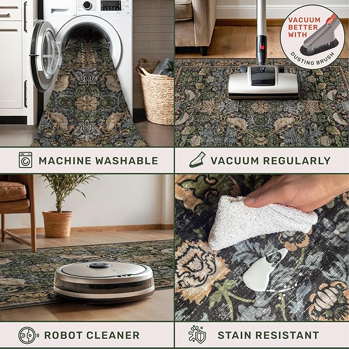 Washable Round Area Rugs 6ft for Living Room, Green Forest Soft Non-Slip Circle Rug with Rubber Backing, Vintage Large Boho Floral Bird Carpet for Bedroom, Kitchen, Nursery, Stain Resistant