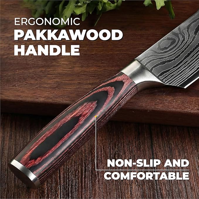 Kitchen Knife Set Professional Chef Knives, 8-Piece Stainless Steel Knife Set with Santoku, Nakiri, Bread, Paring, Boning Knives & Pakkawood Handle