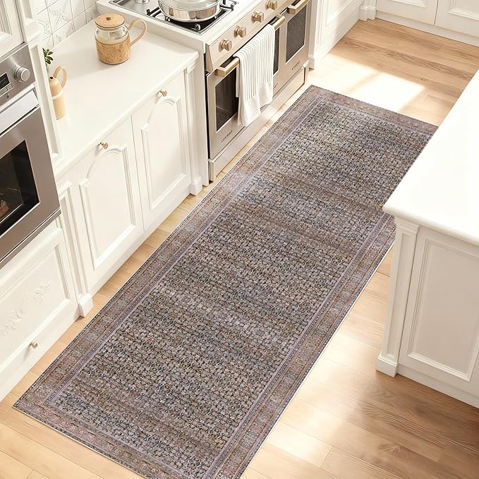 Kuden 2'6"x7' Runner Rug, Machine Washable Area Rug with Non-Slip Backing, Vintage Style, Soft, Easy Clean, Low Pile Rug for Hallway, Entryway, Kitchen, Bedroom