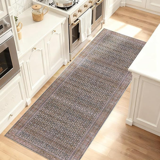 Kuden 2'6"x7' Runner Rug, Machine Washable Area Rug with Non-Slip Backing, Vintage Style, Soft, Easy Clean, Low Pile Rug for Hallway, Entryway, Kitchen, Bedroom