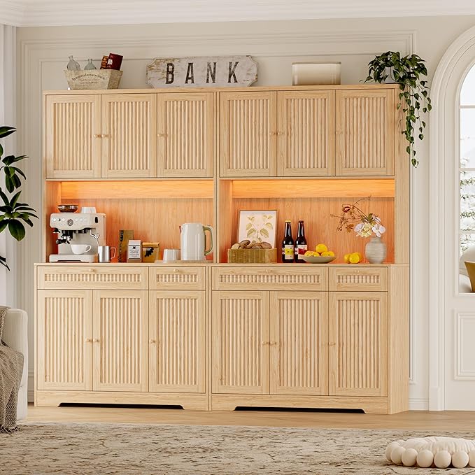 Pantry Cabinet with Charging Station and Light, Tall Kitchen Pantry Storage Cabinet with Microwave Stand, Wide Fluted Kitchen Hutch with Storage Drawers and Adjustable Shelves for Dining Room