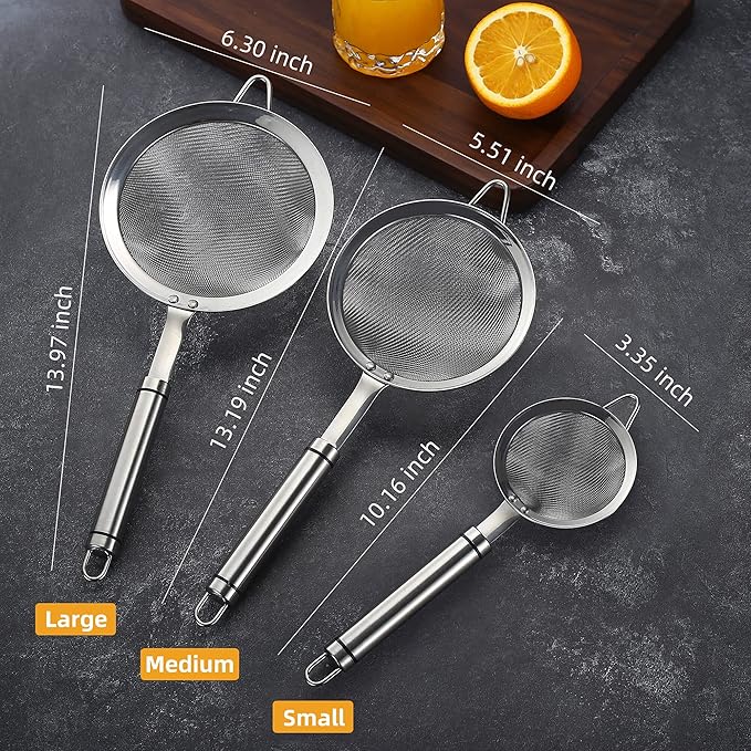 3.35inch 304 Stainless Steel Fine Mesh Strainers for Kitchen, Colander-Skimmer with Handle, Metal Sieve Sifters for Food, Rice, Oil, Noodles, Fruits, Vegetable, Tea Strainer