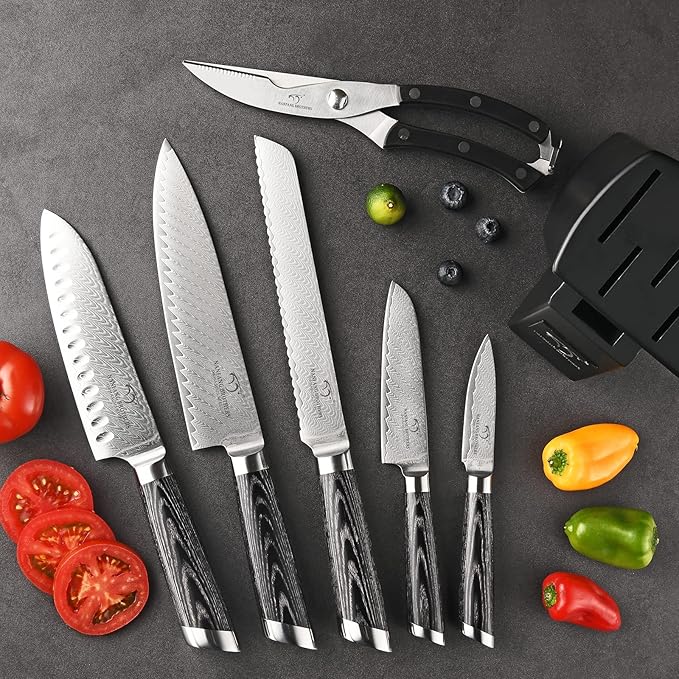 NANFANG BROTHERS Damascus Knife Set, 7 Pieces Kitchen Knife with Block, ABS Ergonomic Handle for Chef Knife Set, Kitchen Shears, Knife Block Set