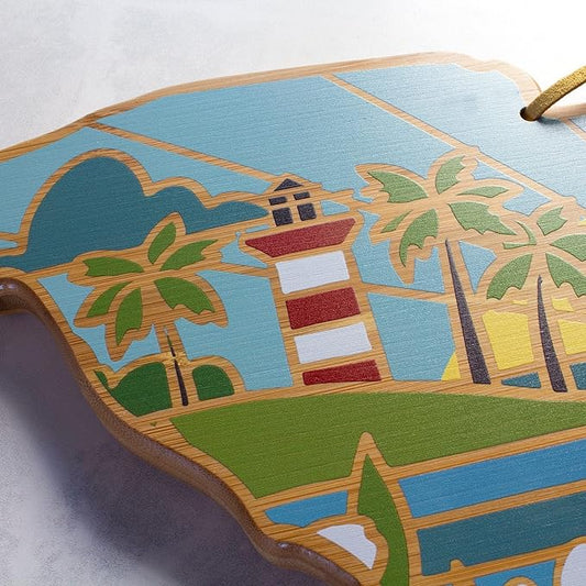 Totally Bamboo South Carolina State Shaped Cutting Board and Charcuterie Serving Platter with Artwork by Summer Stokes, Includes Hang Tie for Wall Display 14" x 11-1/2" x 5/8"