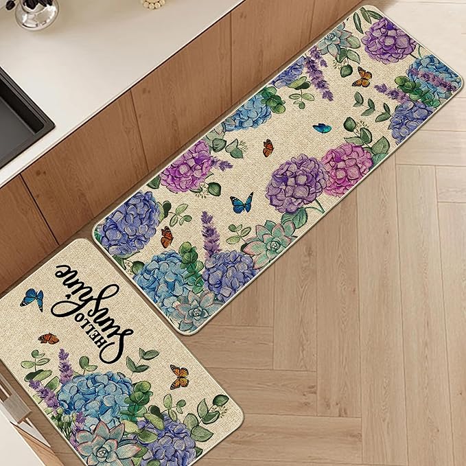 Spring Kitchen Rug and Mat Set of 2 Hydrangea Flowers Floor Mat Non Slip Rubber Backing Low-Profile Kitchen Rugs for Floor Summer Kitchen Decor for Home Bath Office- 17x29 and 17x47 Inch