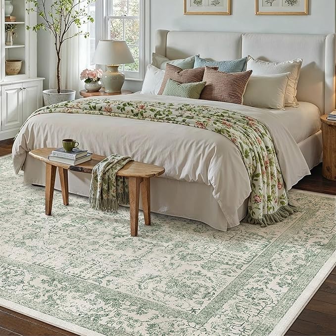 Sage Green Area Rug 9x12 Living Room Washable Carpet Vintage Distressed Non Slip Bedroom Carpet Neutral Low Pile Retro Floral Farmhouse Large Rug Home Office Dining Room Playroom