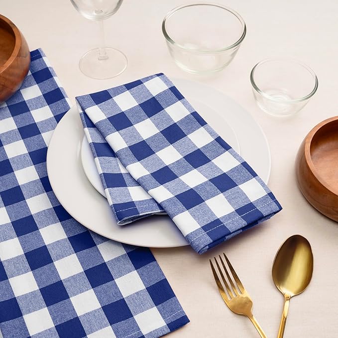 Blue Needles Gingham Buffalo Plaid Cloth Napkins 100% Cotton Set of 12 Dinner Table Napkins 18x18 inch Soft, Reusable, Washable Perfect for Wedding Parties & Everyday Use - Blue and White