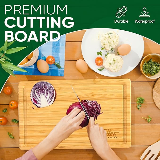 Fuller's Bamboo Cutting Board - 12” x 9” Wooden Chopping Board for Kitchen - Durable, Knife-Friendly, Easy to Clean - With Juice Groove & Side Handles for Food Prep & Serving