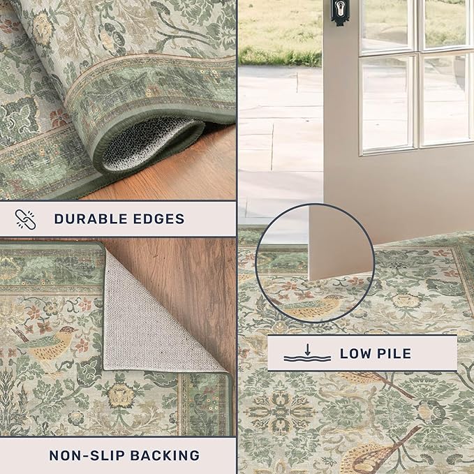 Sage Floral Kitchen Runners - 2x7 Long Runner Rug for Hallway Bathroom Bedroom Beside Bed Entryway, Boho Birds Leaves Patterned Non Slip Low Pile Washable Rugs