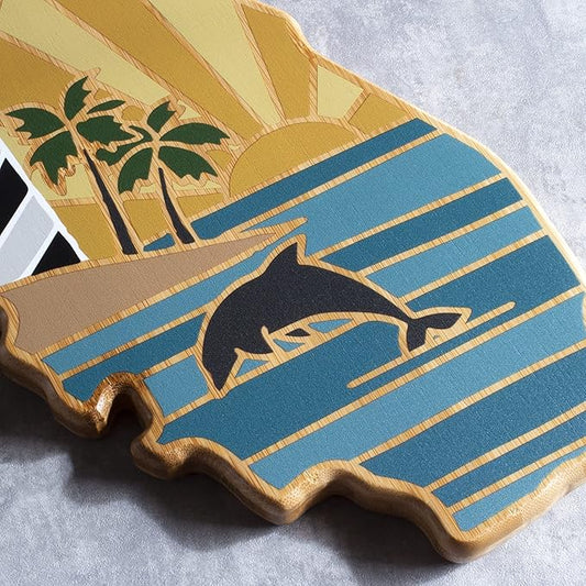 Totally Bamboo Florida State Shaped Cutting Board and Charcuterie Serving Platter with Artwork by Summer Stokes, Includes Hang Tie for Wall Display Varies