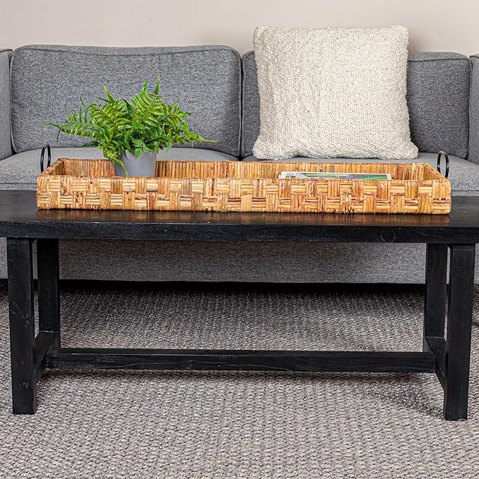 Creative Co-Op Oversized Hand-Woven Rattan Tray with Metal Handles, Natural