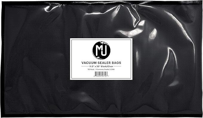 MJ Premium Vacuum Sealer Bags for Food Storage, Sous Vide | 50 Pack (11.5" x 20" 3.2 Mil, Black and Clear)