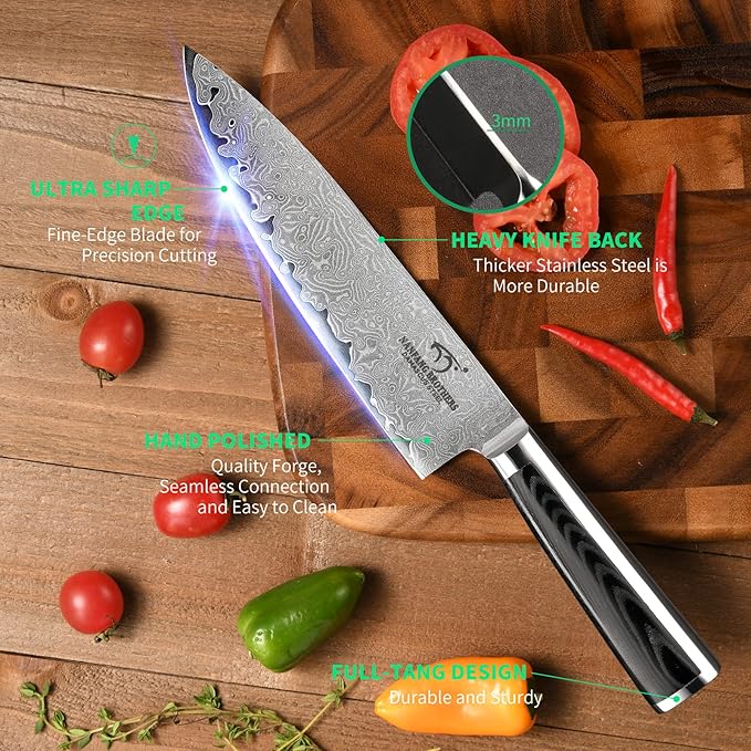 NANFANG BROTHERS 7 Pieces Damascus Kitchen Knife Set with Block, ABS Ergonomic Handle for Chef Knives, Kitchen Shears, Knife Block Set for Chopping, Slicing & Cutting