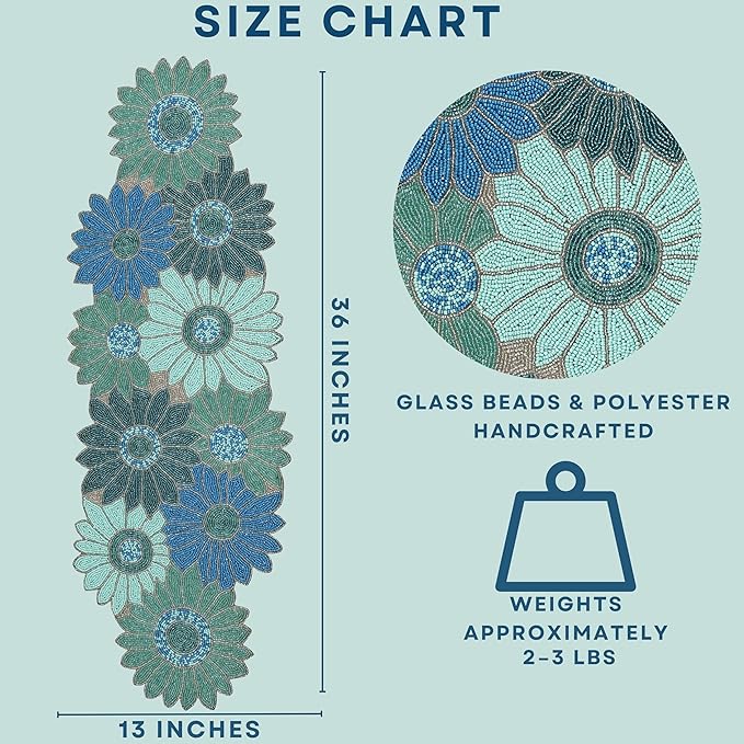 ALPHA Living HOME Bedaed Table Runner- 13x36 Glitz Décor for Farmhouse, Bridal, and Holiday Celebrations Luxury Dining Table Accent, Rustic Chic, Artisan-Made, Modern Floral (Blue)