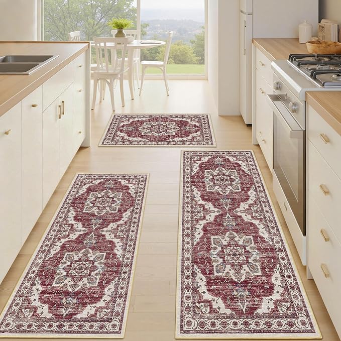 Tritard Non Slip Kitchen Rugs Sets of 3 Washable Kitchen Rug Boho Kitchen Mats for Floor Soft Kitchen Runner Rug Non Skid Kitchen Floor Carpet for Entryway Hallway Laundry Room, Brick Red