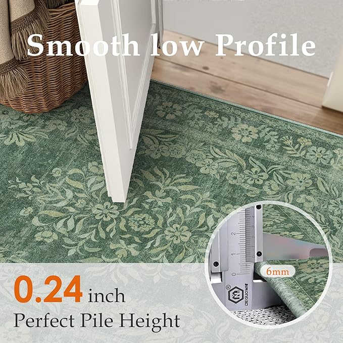 4x6 Area Rug Green Washable Office Vintage Distressed Carpet Bedroom Indoor Medallion Floral Living Room Non Slip Retro Throw Floor Mat for Dining Room Kitchen Bathroom