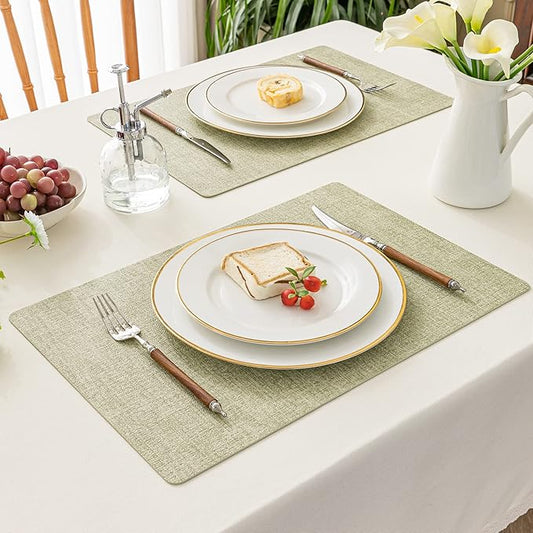 Romanstile Vinyl Placemats Set of 6-12 X 17 Inch - Heat Resistant Place Mats 100% Waterproof Oilproof Wipeable Reversible Faux Leather Table Mats for Kitchen, Dining, Party, Outdoor, Grass Green