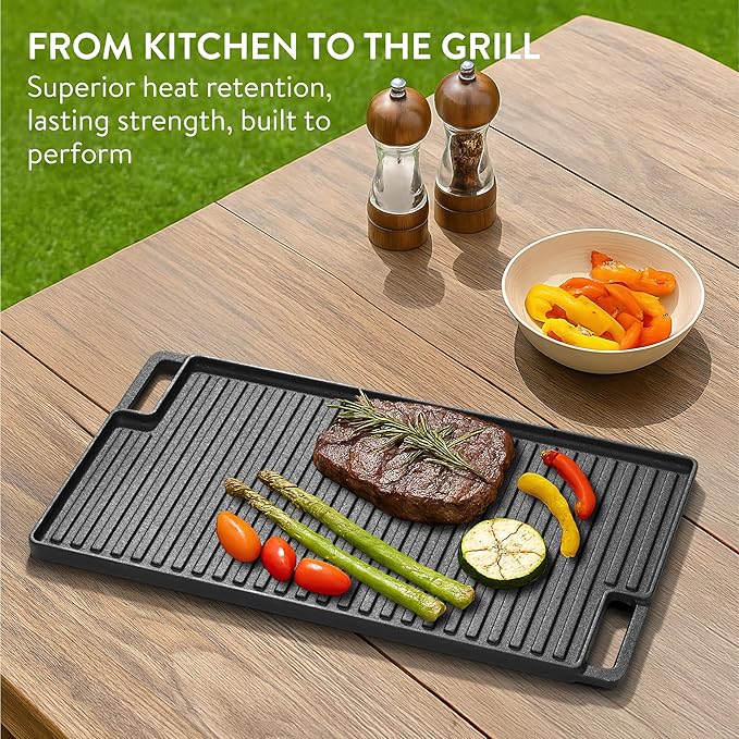 Navaris Reversible Cast Iron Grill/Griddle - 18.5" x 10.8"(47 x 27.5cm) Pre-Seasoned with Handles, Flat & Ribbed Rectangular Grill Plate, for Stove, Oven, Campfire, Heavy-Duty