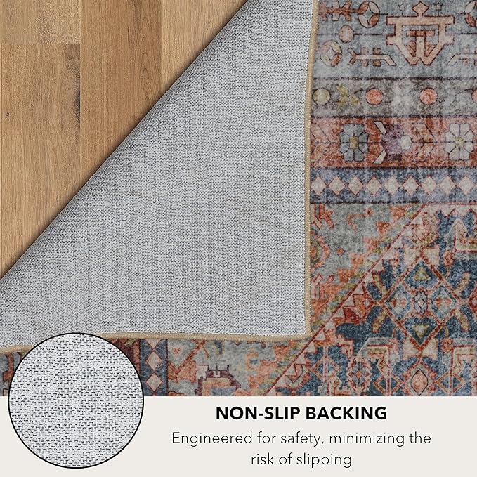 Kuden 8x10 Large Area Rug, Machine Washable Area Rug with Non-Slip Backing, Vintage Style, Soft, Easy Clean, Low Pile Rug for Living Room, Bedroom, Dining Room