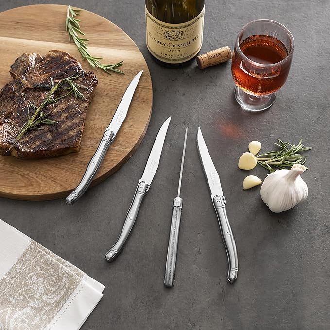 French Home Laguiole Connoisseur 4-Piece Steak Knife Set – Stainless Steel with Etched Detailing & Napoleon Bee Emblem – Serrated Knives for Smooth Cutting (9.25")