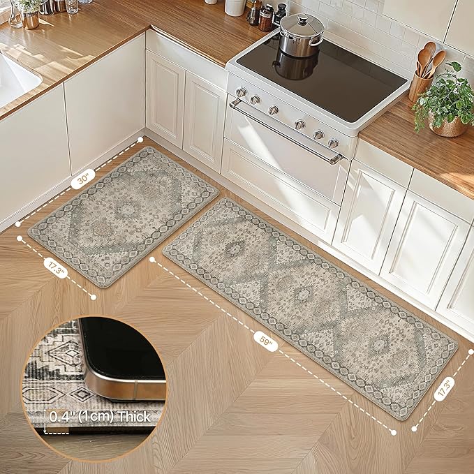 GENIMO Kitchen Mats for Floor, 2PCS Kitchen Rugs Non Slip Washable, Waterproof Anti Fatigue Mat, Comfort Standing Runner Rug for Sink, Office, Laundry, Home, 17.3"x59"+17.3"x30", Brown
