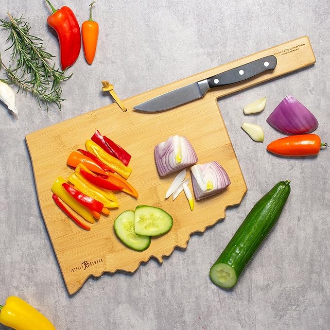 Totally Bamboo Oklahoma State Shaped Cutting Board and Charcuterie Serving Platter with Artwork by Summer Stokes, Includes Hang Tie for Wall Display Varies