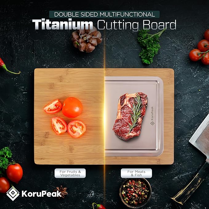 KoruPeak Pure Titanium Cutting Board - Double-Sided Titanium Cutting Boards for Kitchen with Bamboo Side - Large 16"x12"