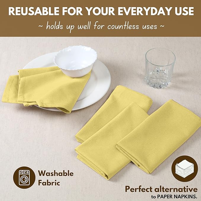 Native Fab Solid Light Yellow Cloth Napkins Set of 4, 100% Cotton Washable Fabric, 17x17 inches, Reusable Table Linen Napkins for Dinner, Party, Wedding, Pale Yellow