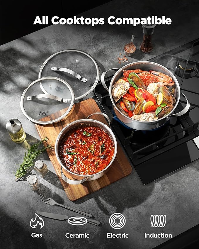 Roomena Saute Pan with Lid, Hybrid Ceramic Nonstick 12 Inch 5-Quart Tri-Ply Stainless Steel Everyday Pan, PFAS/PFOA/PTFE Free, Metal Utensil Safe, Dishwasher & Oven Safe, Induction Compatible