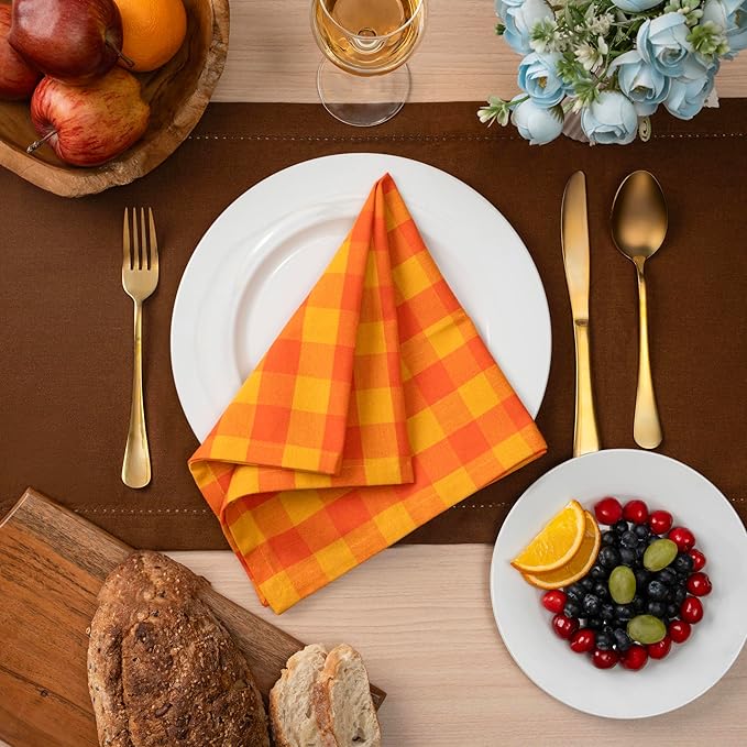 Blue Needles Gingham Buffalo Plaid Cloth Napkins 100% Cotton Set of 12 Dinner Table Napkins 18x18 inch Soft, Reusable, Washable for Wedding Parties & Everyday Use - Orange & Golden Yellow