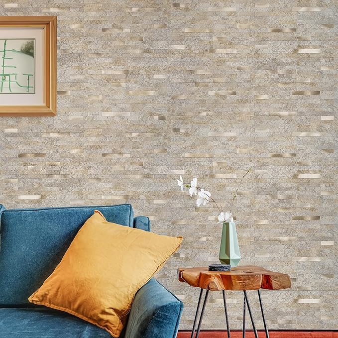 20 Sheets Peel and Stick Backsplash, Dark Beige with Metal Gold Look PVC Wall Tiles Upgrade Your Kitchen Backsplash, RV, Fireplace