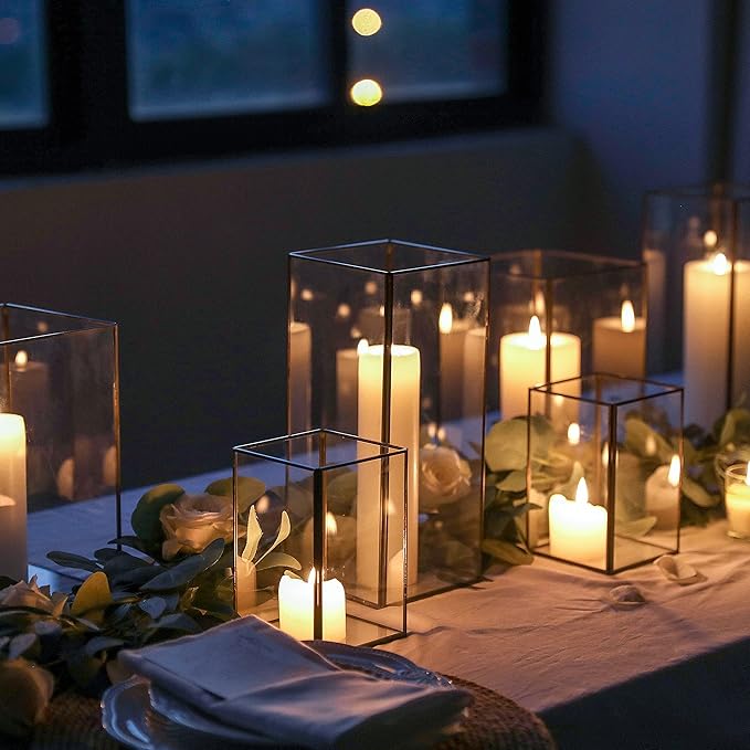 Set of 3 Square Glass Hurricane Candle Holders, Clear Glass Framed in Black-finish Brass , Great for Home Decor and Wedding,Holiday Decor.