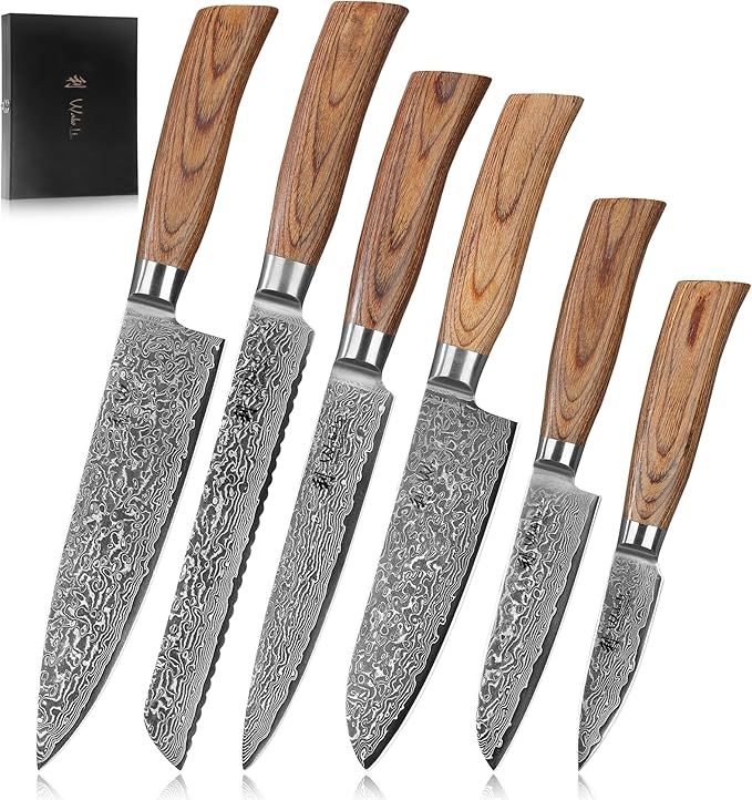 Wakoli EDIB Pro 6-Piece Damascus Knife Set – Professional Chef Knives Set with VG10 Core Blades, 67-Layer Damascus Steel and Ergonomic Pakkawood Handles – Premium Kitchen Knives in Elegant Gift Box