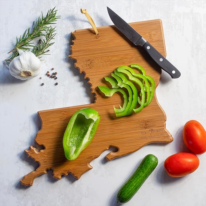 Totally Bamboo Louisiana State Shaped Cutting Board and Charcuterie Serving Platter with Artwork by Summer Stokes, Includes Hang Tie for Wall Display